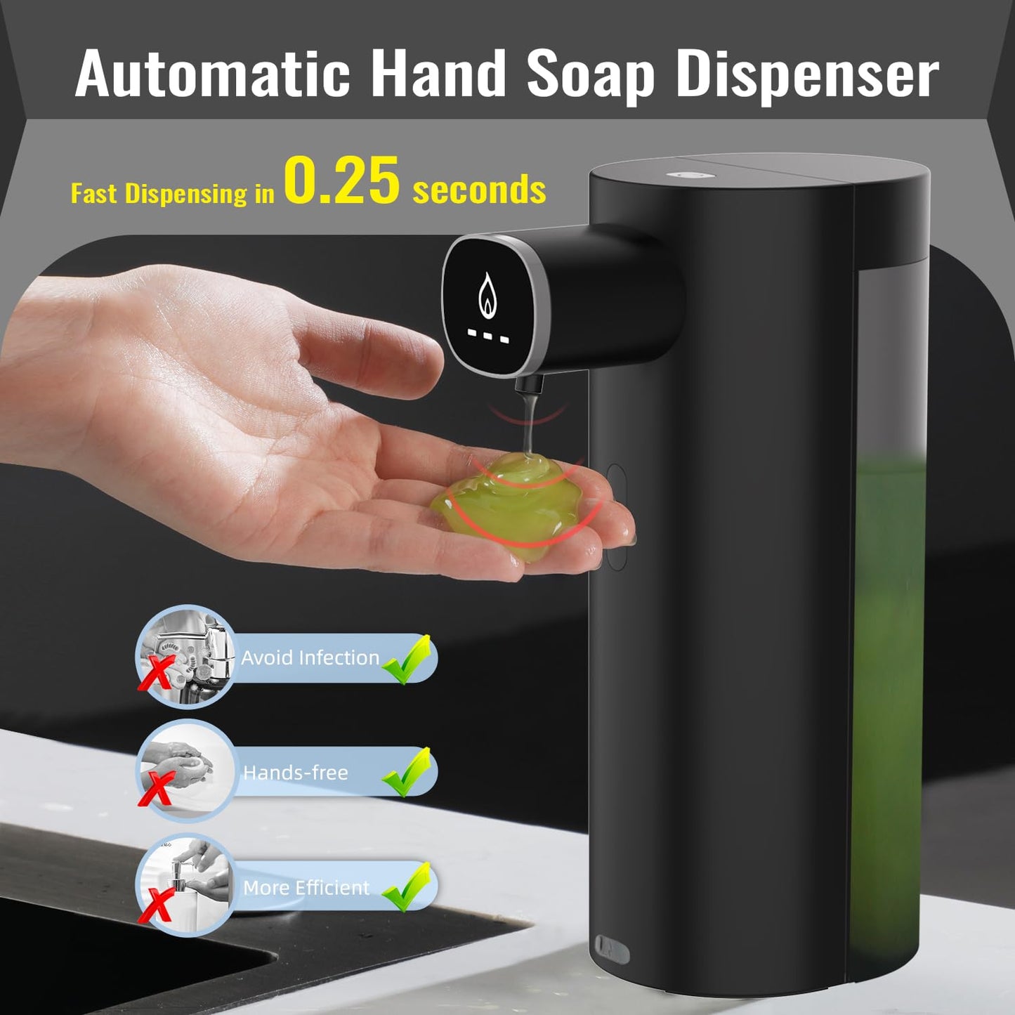 Automatic Liquid Soap Dispenser Touchless, USB Rechargeable Smart Hand Soap Dispenser, 13.5oz/400ml, 3-Level Adjustable, Compatible with Thick Thin Dish Soap for Bathroom Kitchen, Clog-Free (Black)
