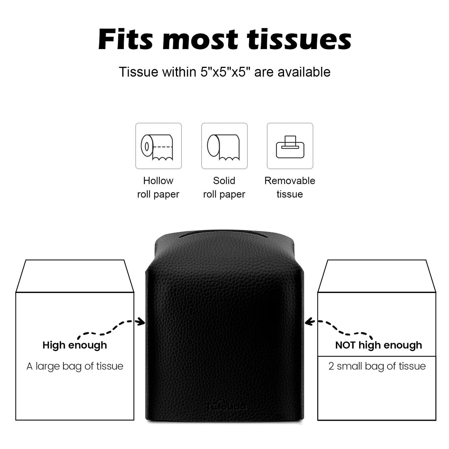 Tissue Box Cover, Tclouda, Modern PU Leather Square Tissue Box Holder for Creative Decorative, 2 Pack, Ideal for Bathrooms/Office/Car/Nightstand/Outdoor Tent/Dining Table, 5"X5"X5", Double Black