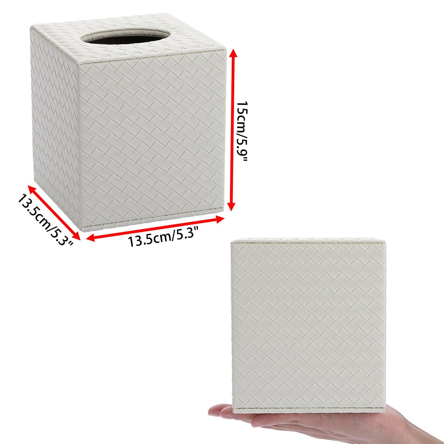 Sumnacon Tissue Box Cover Square Tissue Box Stylish PU Woven Lozenge Pattern Tissue Box Holder with Magnetic Bottom,Cube Leather Tissue Cover for Living Room Bathroom Table Desk Home Office Car,White