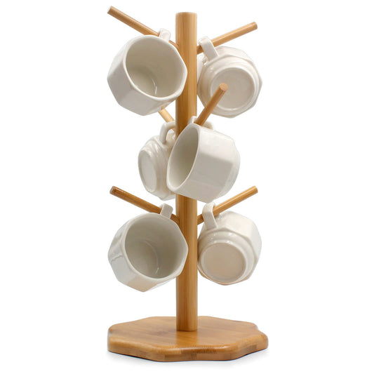 Gihunk Bamboo Countertop Mug Tree Stand with 6 Hooks, Octagon Base Coffee Cup Tree