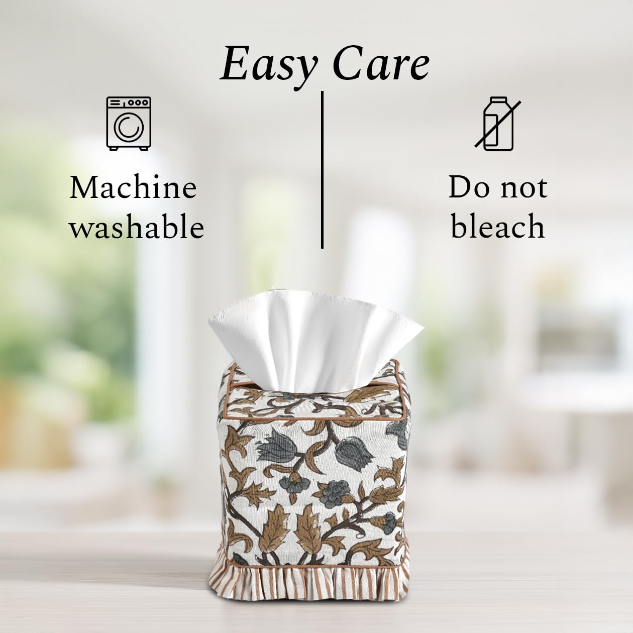 CPC Autumn Vine Hand Block Print Cotton Ruffle Tissue Box Cover 4.5"x4.5"x5"Inch, Square Decorative Tissue Holder Cover for Bathroom, Living Room, Bedroom, Home Décor, Vanity, Car Gift for Summer