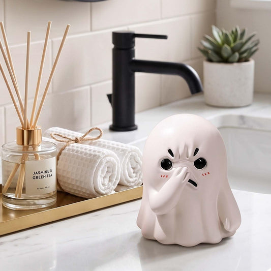 PlivBloom Holding Nose Ghost Figurine – Funny Halloween Ghost Statue for Bathroom or Shelf Decor, Spooky Knick Knacks, Cute Resin Desk Figurines, Ghost Decorations and Quirky Home Gifts (White)
