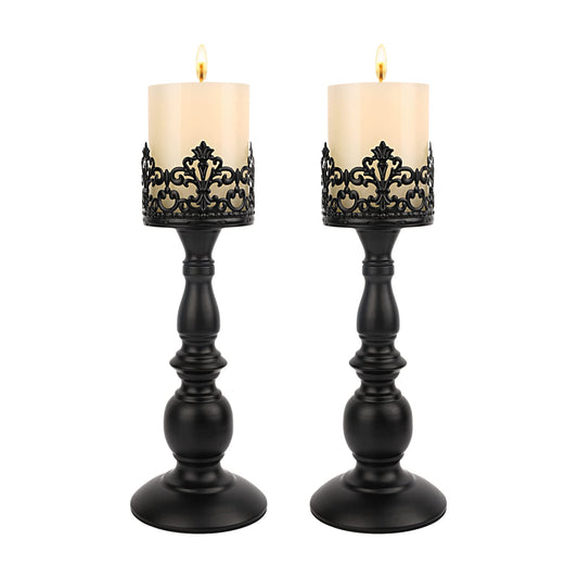 Candle Holders for Pillar Candles Gothic Matte Black Vintage Tall Candle Holders Set of 2 Decorative Large Table Centerpieces Candle Stand Decor (Black 2PCS A)