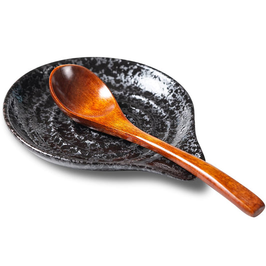 Spoon Rest, Ceramic Utensil Spoon Spatula Ladle Holder, 6 Inches Spoon Holder for Countertop, Coffee Bar Accessories Dishwasher Safe, Utensil Rest for Kitchen Counter Splash Black