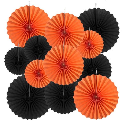 MOWO Orange and Black Paper Fans Wall Decoration Background Ceiling Hanging Decorations for Halloween Graduation Birthday Theme Party, 12pc