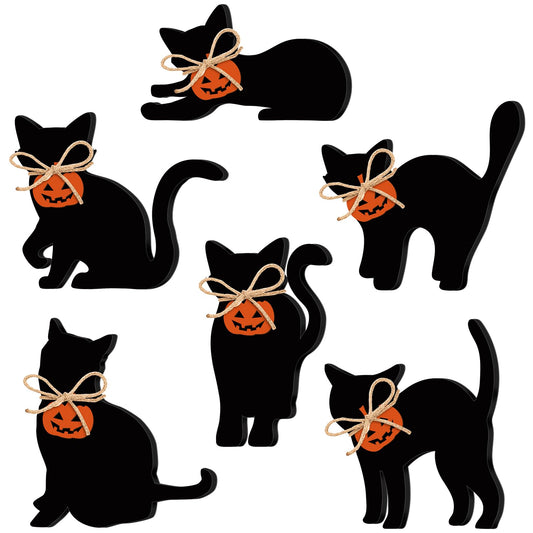Pinkunn 6 Pcs Halloween Wood Decors with Pumpkin Black Cat Silhouette Decor Wooden Tiered Tray Sign for Home Table Mantel Party Centerpiece