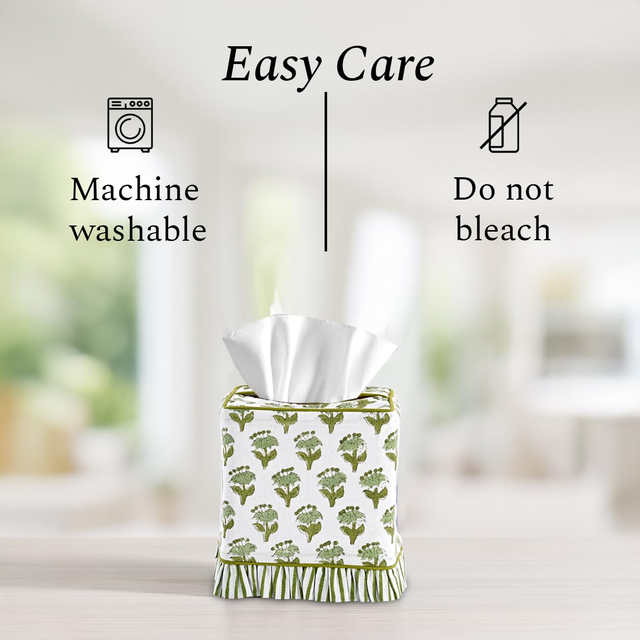 CPC Emerald Green Hand Block Print Cotton Ruffle Tissue Box Cover 4.5"x4.5"x5"Inch, Square Decorative Tissue Holder Cover for Bathroom, Living Room, Bedroom, Home Décor, Vanity, Car Gift for Summer