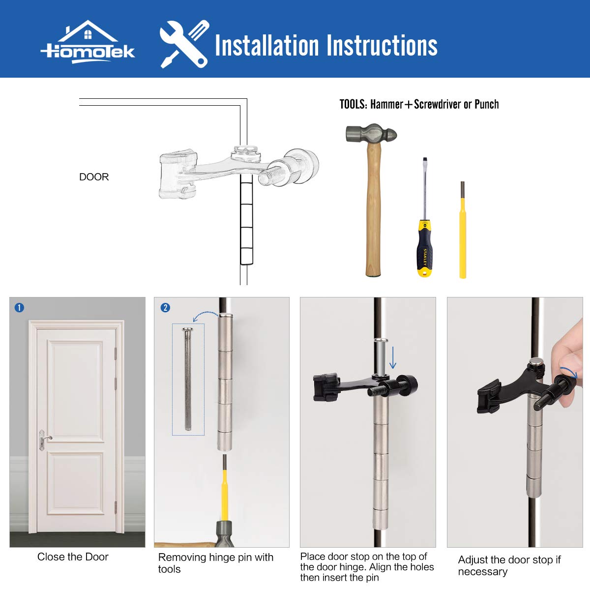 HOMOTEK 20 Pack Hinge Pin Door Stopper, Hinge Stops for Top of Door, Adjustable Deluxe Heavy Duty Door Stop 2-1/2x1-3/4 inch, with White Rubber Bumper Tips, Satin Nickel