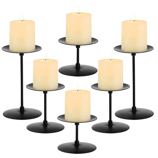 Elsjoy Set of 6 Black Pillar Candle Holders, Metal Pillar Candle Stand Fireplace Candelabras Set for Home Decor, Table Centerpiece, Wedding, 3 Sizes