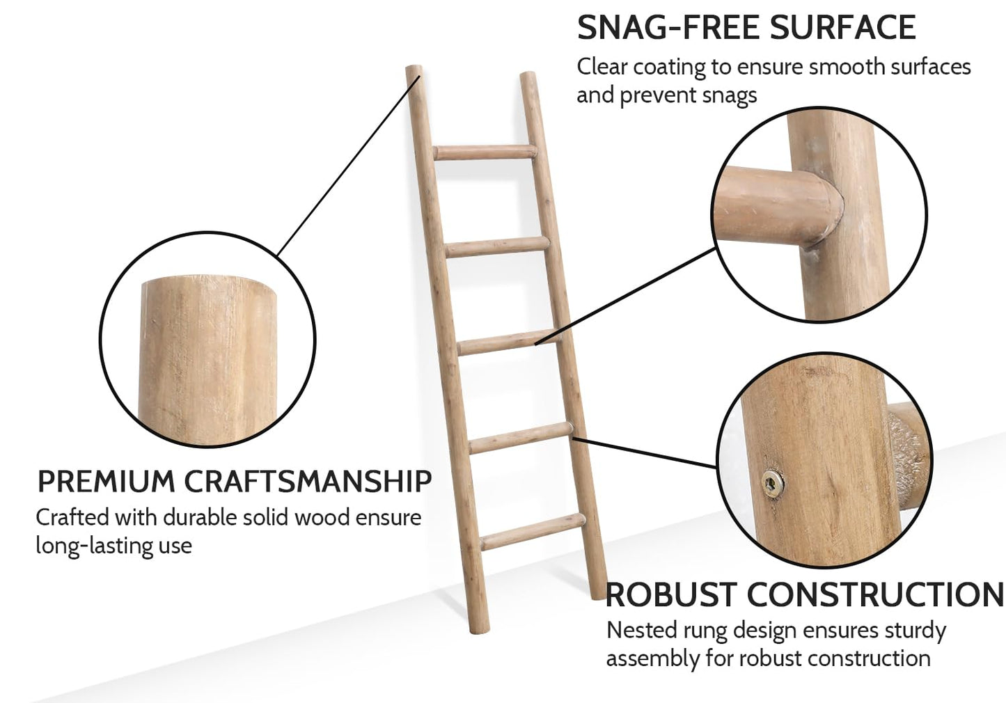 FUIN Blanket Ladder, 57in Rustic Solid Wood Decorative Ladder, Brown