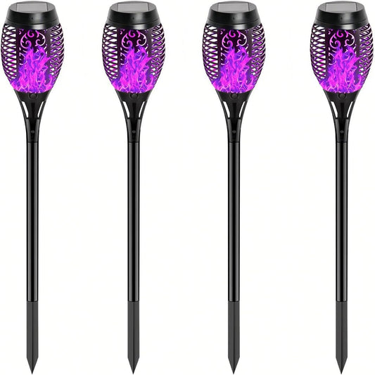 HSKMNFCQF 4 Pack Solar Flame Lights Outdoor, Flickering Flame Torch Lights, IP65 Waterproof Solar Powered Garden Lights for Patio Lawn Yard Pathway Decor (Purple)