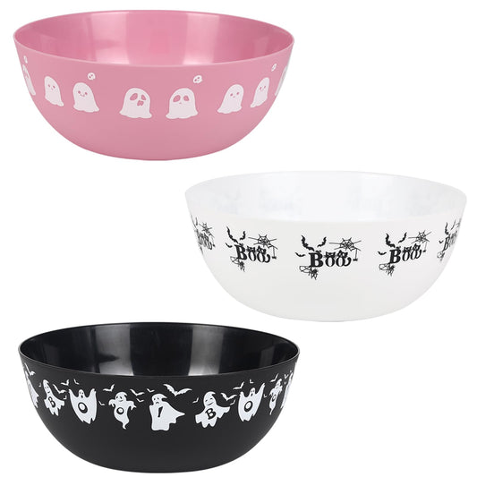 AUECOOME 3 Pieces Halloween Candy Bowl - Large Plastic Trick or Treat Bowls, Reusable Serving for Halloween Party Supplies (Black White Pink)