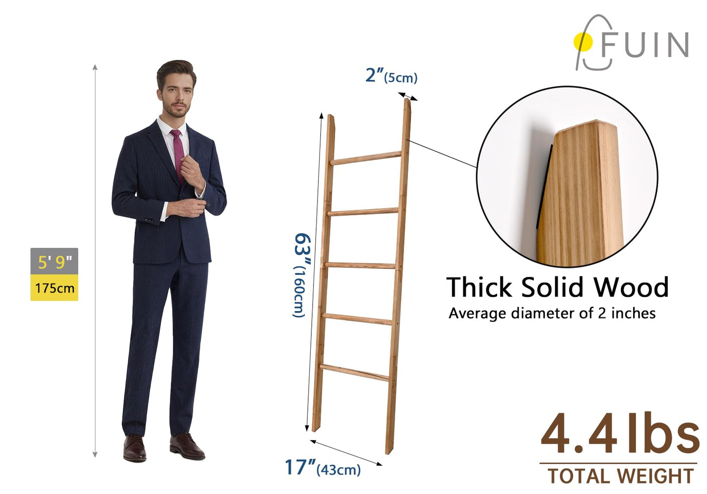 FUIN 63inch Wooden Blanket Ladder, Wood Towel Ladder, Rustic Decorative Ladder for Blankets, Farmhouse Quilt Rack for Living Room & Bathroom