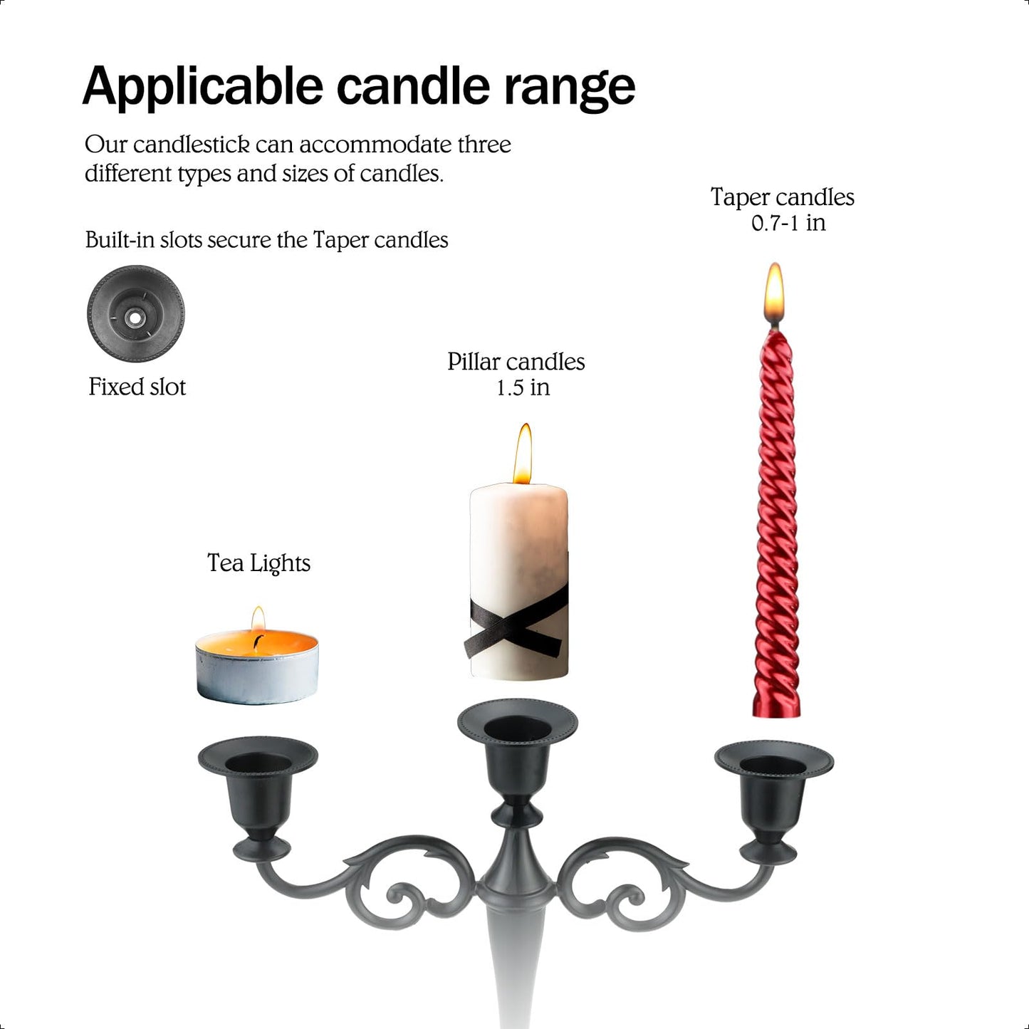 Viscacha 3 Candle Metal Candelabra Candlesticks Holder for Formal Events, Wedding, Church, Holiday Décor, Halloween Taper Candle Holder Stand Centerpiece Elegant Decoration Piece for Table, Black