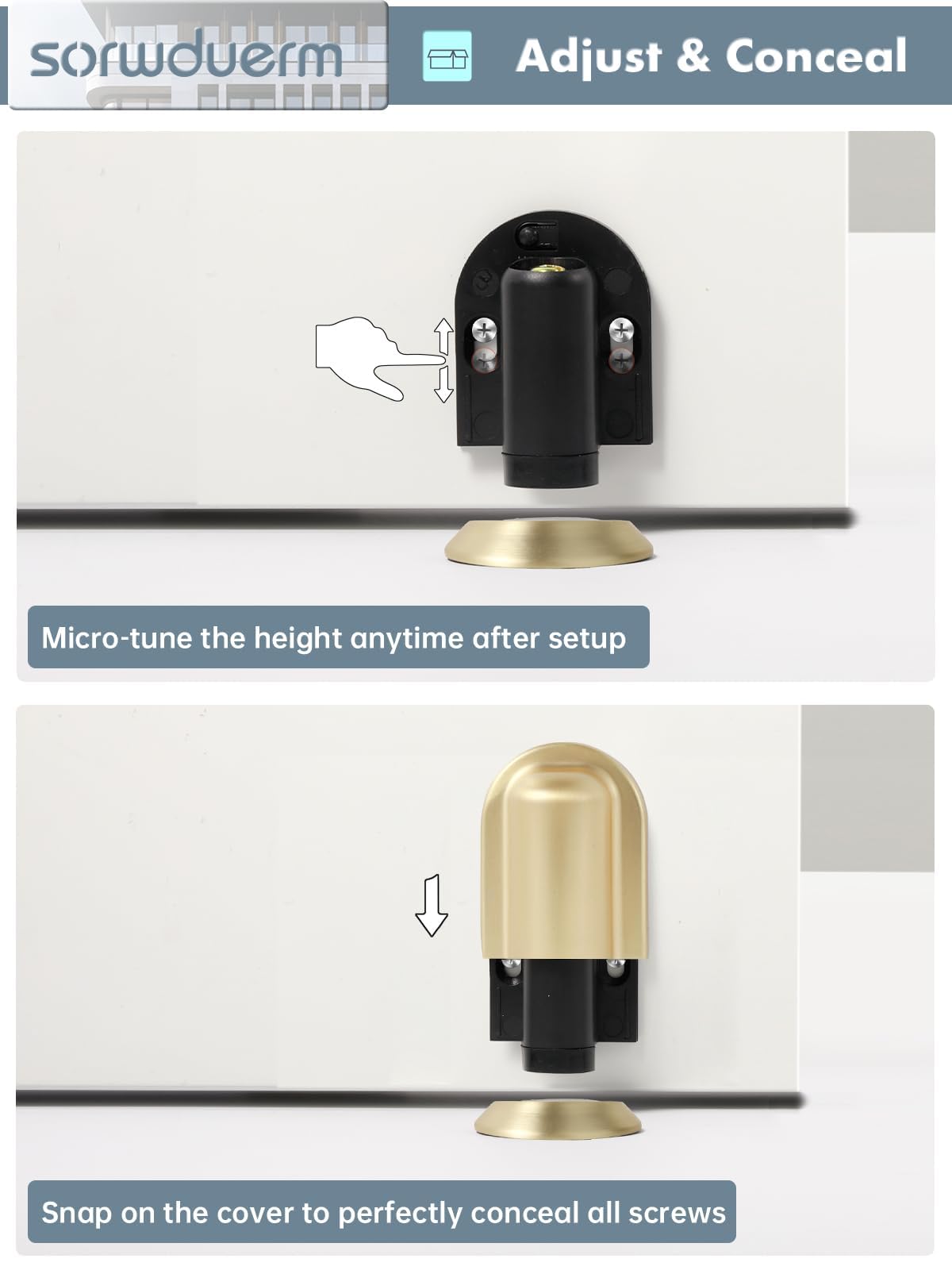 SORWDUERM 2 Pack Gold Door Stopper Magnetic Door Cathc Brushed Gold Floor Mounted Door Stop Keep Door Open with Screws and Adhesive No Drilling
