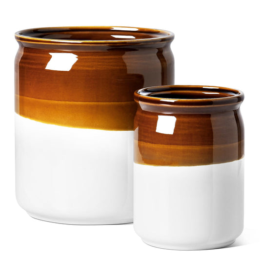 LE TAUCI Kitchen Utensil Holder for Countertop, Ceramic Utensil Crock Set of 2, Rustic Brown Holder for Spatulas, Spoons and Ladles, Large Farmhouse Kitchen Counter Decor, Brown and White, 7.2" & 5.4"