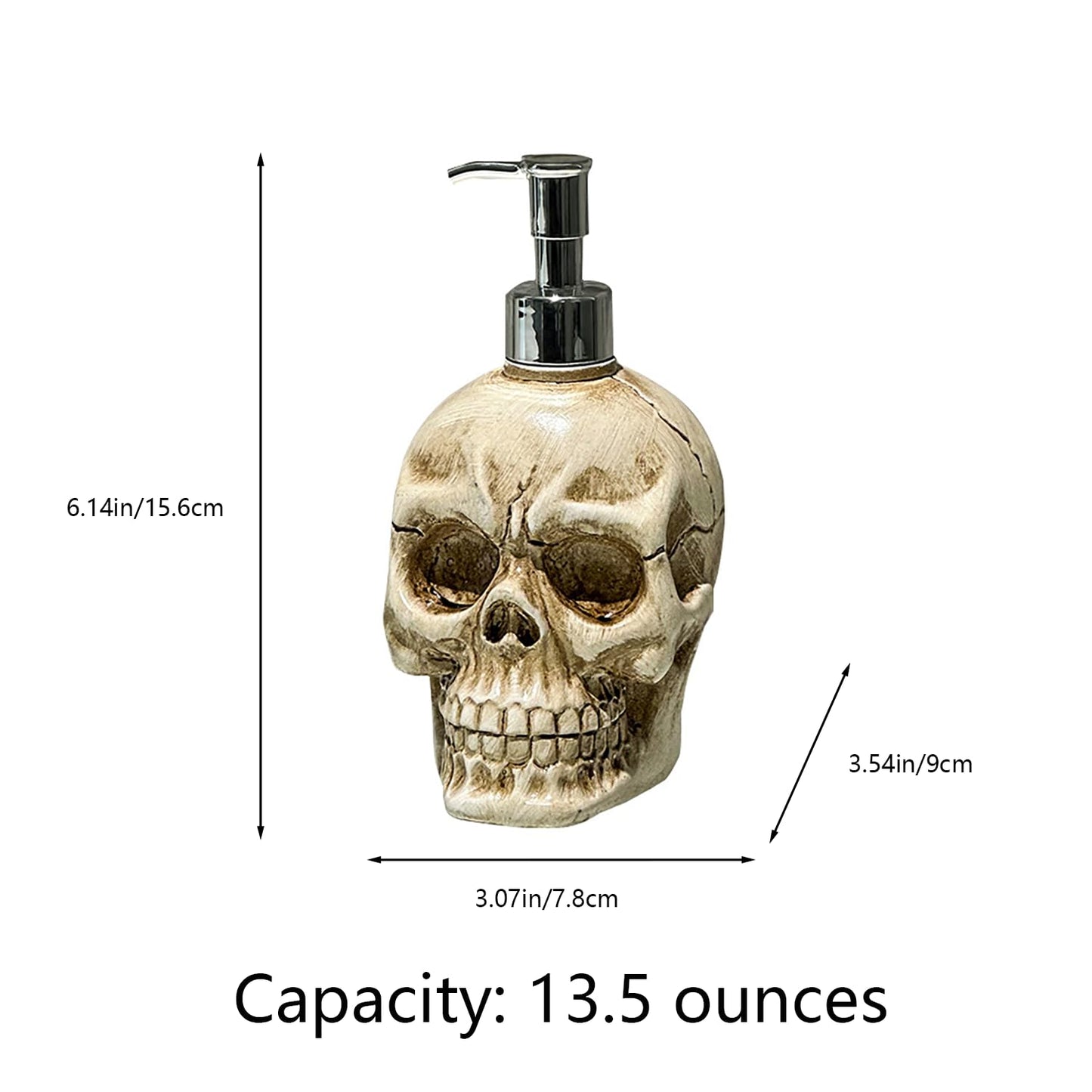 Fsocpen Skull Soap Dispenser with Rust Proof Pump and 3 Bank Wooden Labels，13 fl oz,Refillable Hand Soap Dispenser for Bathroom and Kitchen，Home Decoration，Gothic Enthusiast Decoration