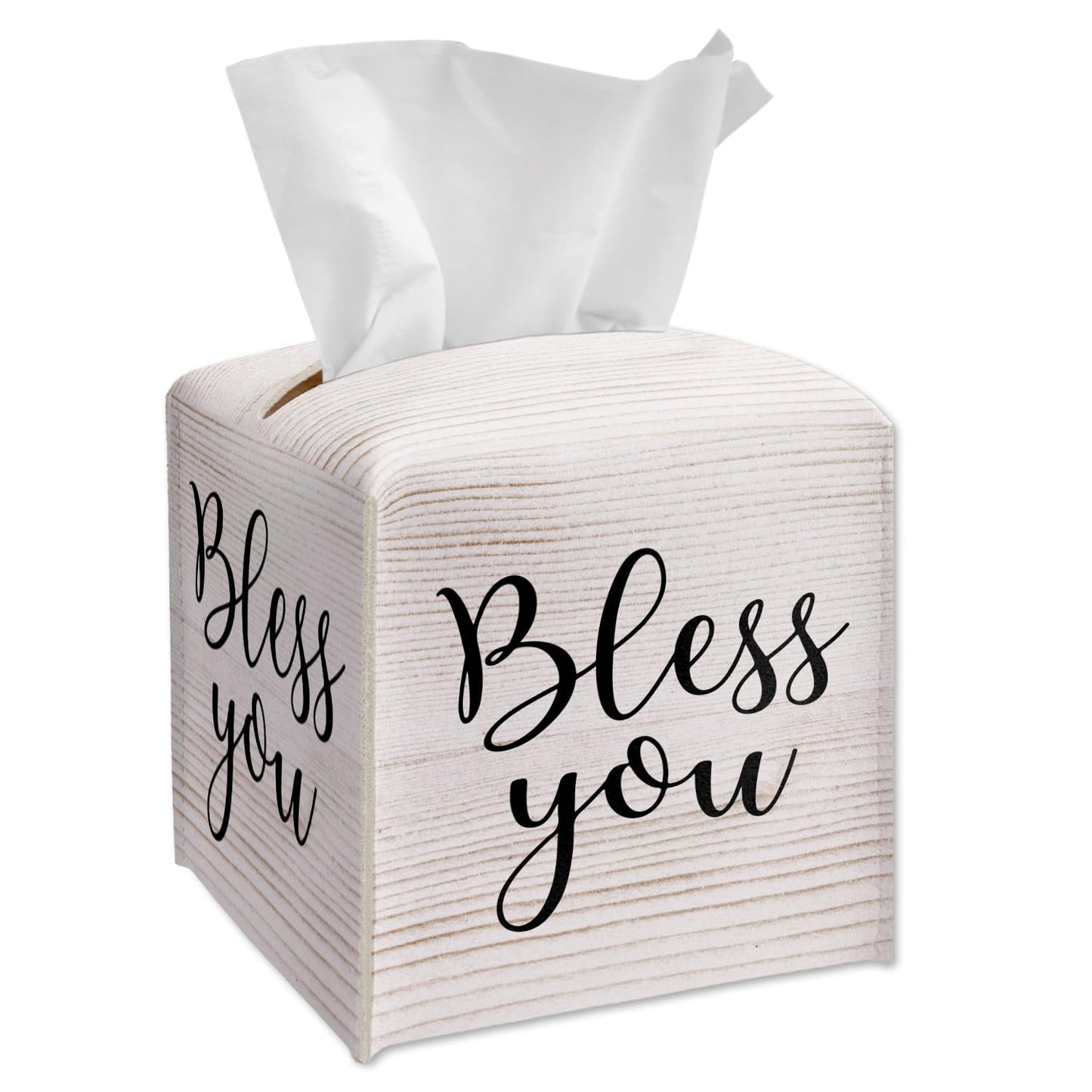 Tissue Box Cover Square - Bless You Tissue Box Holder with Bottom Belt, Leather Facial Paper Holder Decor for Bathroom Vanity Countertop, Nightstands, Dining Table, Office, Car -01