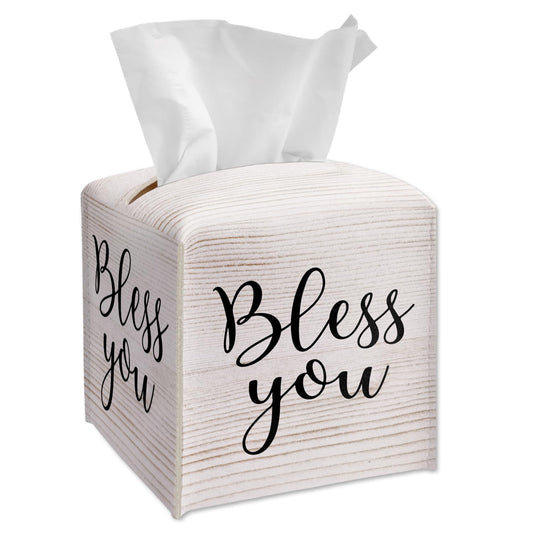 Tissue Box Cover Square - Bless You Tissue Box Holder with Bottom Belt, Leather Facial Paper Holder Decor for Bathroom Vanity Countertop, Nightstands, Dining Table, Office, Car -01