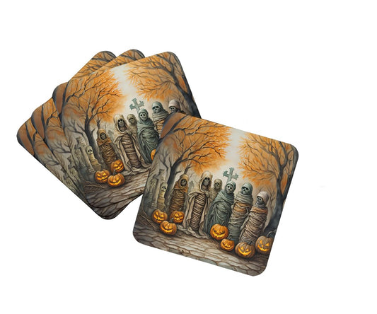 Caroline's Treasures Mummies Spooky Halloween Foam Coaster Set of 4 Cup Coasters for Indoor and Outdoor, Coaster for Tabletop Protection, Anti Slip, Mouse pad Material