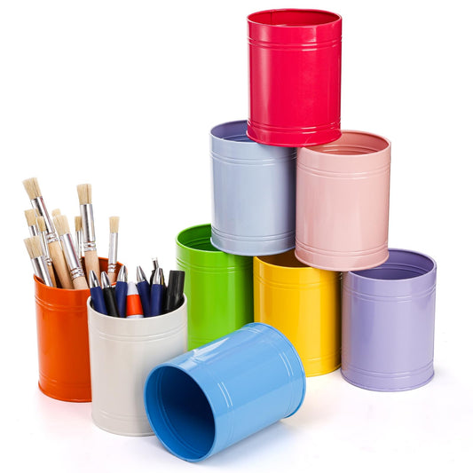 Tlence 9 Pack Metal Pen Holders for Desk, Colorful Bulk Round Pencil Cup Caddy, Desktop Stationery Organizer and Accessories for Office Classroom, Makeup Brush Storage, 3.5 x 4.5 Inches