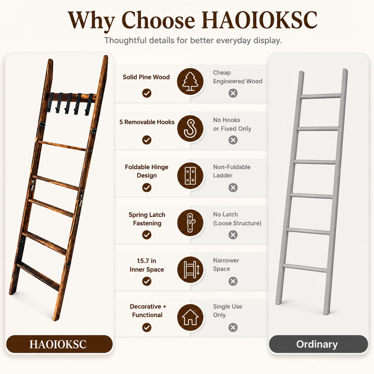 HAOIOKSC Blanket Ladder with 5 Removable Hooks, 67 Inch 6-Tier Wooden Blanket Rack, Rustic Brown Towel Ladder, Decorative Quilt Rack for Living Room Bedroom Bathroom Farmhouse Decor