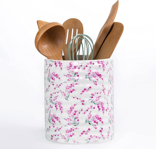 HOMSUN Kitchen Utensil Holder,7.2-inch Extra Large Sturdy Ceramic Cherry Floral Pattern Utensil Crock,Cooking Utensil Organizer for Kitchen Counter Decor,Storage Caddy Farmhouse Gift Pink Blossom