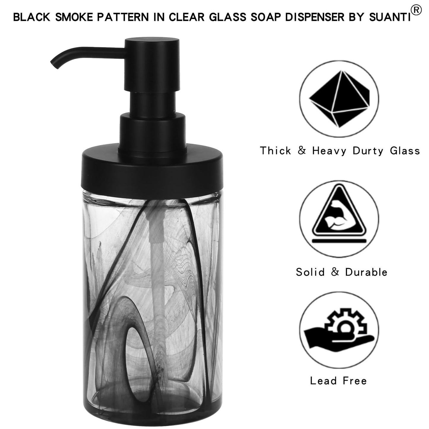 Suanti Soap Dispenser,12.5 Oz Black Moire Wide Open Glass Hand Soap Dispenser, Hand Soap Dispenser for Bathroom & Kitchen, Refillable Black Soap Dispenser with Waterproof Labels