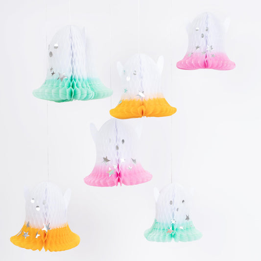 Meri Meri Ombré Ghost Hanging Halloween Party Decorations (Pack of 6), 3 Small Ghosts 5.75”, 3 Large Ghosts 6.75”, Hanging Halloween Decorations Indoor, Included Silver Hanging Cord