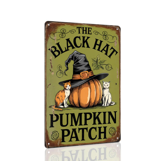 The Black Hat Pumpkin Patch Vintage Halloween Metal Tin Sign Wall Decor For Farmhouse, Kitchen, Living Room, Porch Autumn Theme Wall Hanging Rustic Style Decorative Signs & Plaques 8x12 Inch