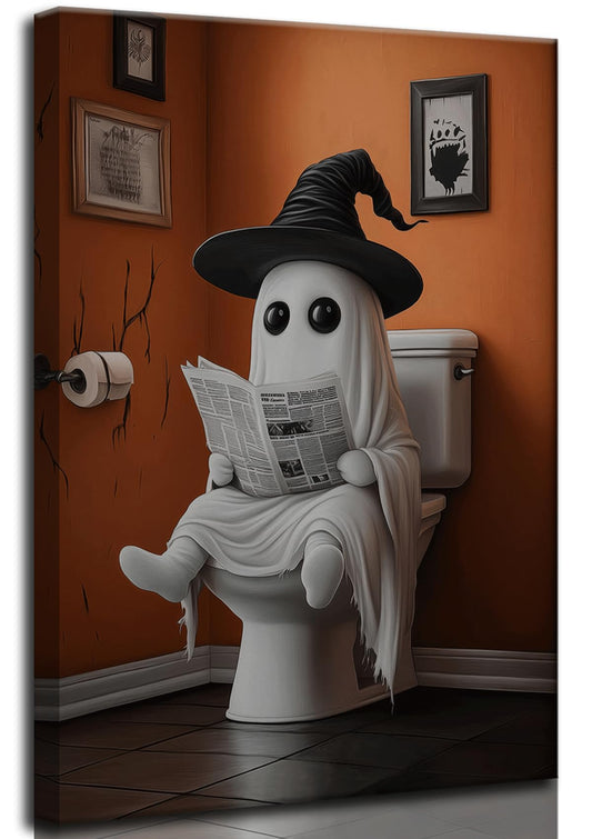 Halloween Funny Ghost Canvas Wall Art Ghost on Toilet Gothic Horror Creepy Dark Academia Painting Picture Wall Decor Poster Print Artwork for Bathroom Home Decoration