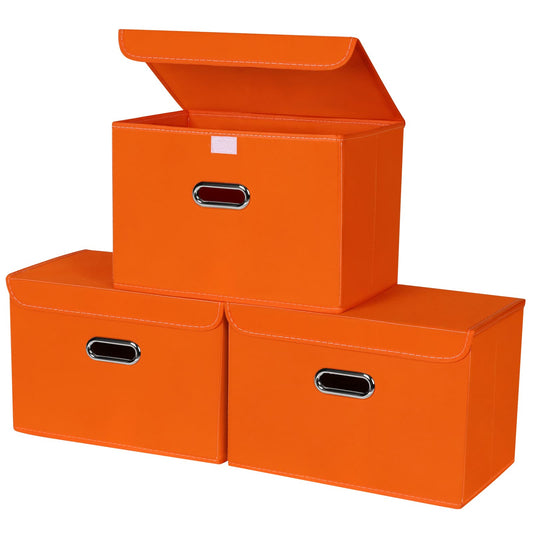 STOREONE Fabric Storage Cube Bins Foldable Organizer Container Collapsible Basket with Lids and Metal Handles, for Home, Bedroom, Closet 3 Pcs (Orange)