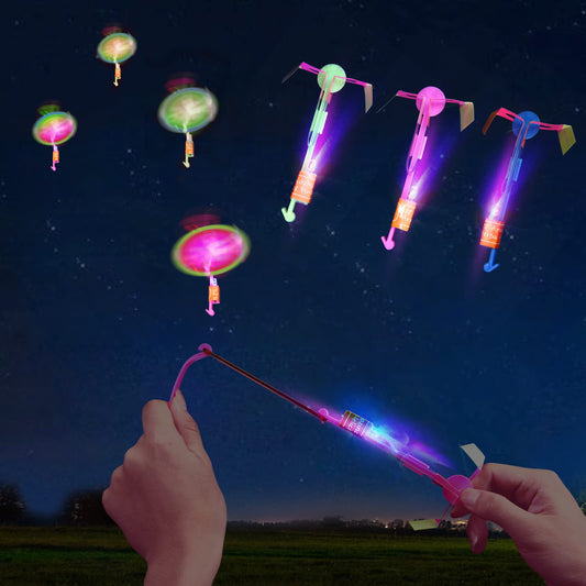 lpvoqpth 25 Sets LED Flying Set, 25 Slingshot+25 Glow Helicopter-50 Pcs, Flying Toy Outdoor Toys Glow in the Dark Party Supplies Party Favors for Kids 8-12,4-8