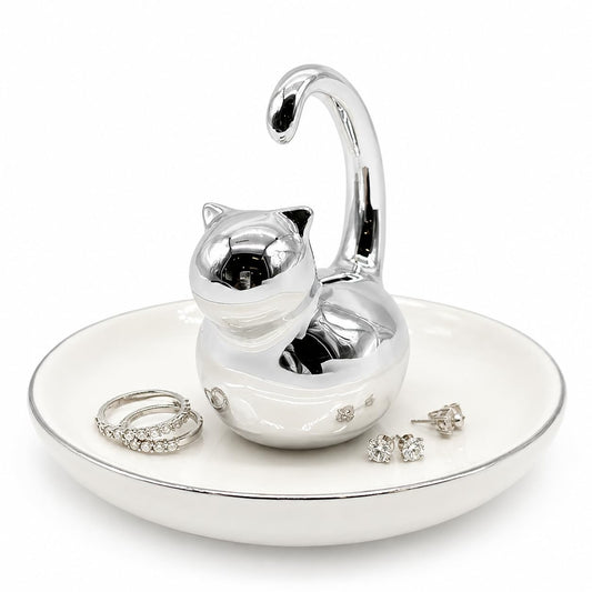 Cat Ring Holder Jewelry Dish–White & Silver Fat Cat Ceramic Trinket Tray,Birthday,Wedding,Graduation Gift for Women & Girls,Rings Earrings Necklaces Bracelets–Vanity,Nightstand,Dresser,Bathroom