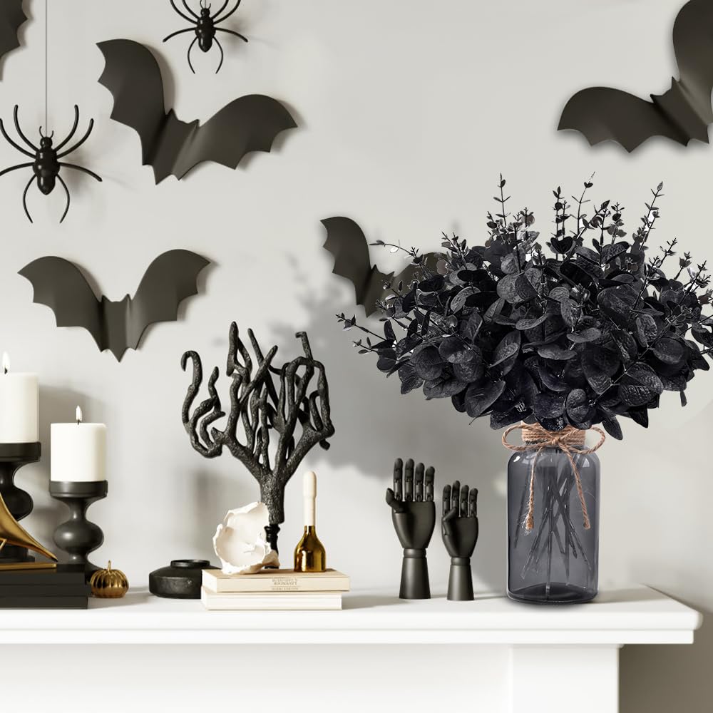 DIYDEC 12Pcs Black Artificial Flowers with Glass Vase 2 Styles Black Eucalyptus Stems for Halloween Outdoor Indoor Decoration Fake Eucalyptus Stems Branches for Party Home Table Centerpieces Decor