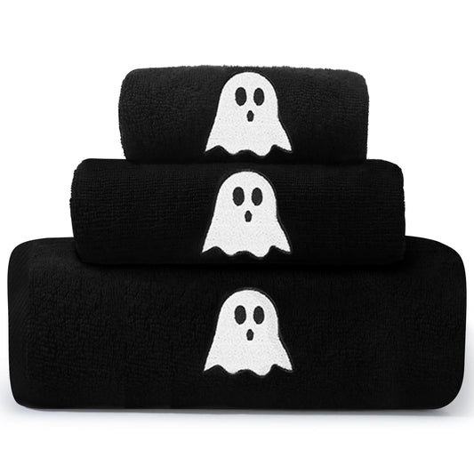 Peryiter 3 Pcs Beach Hand Towels for Bathroom Cotton Embroidered 1 Bath Towel 1 Hand Towel and 1 Wash Cloth Absorbent Bath Sheets for Bathroom Decor (Black,Halloween)