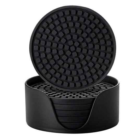 Colinda Silicone Drink Coasters with Holder, Set of 6, Outdoor Cup Mat for Hot or Cold Drinks, Thickened, Non-Slip,Non-Stick, Black