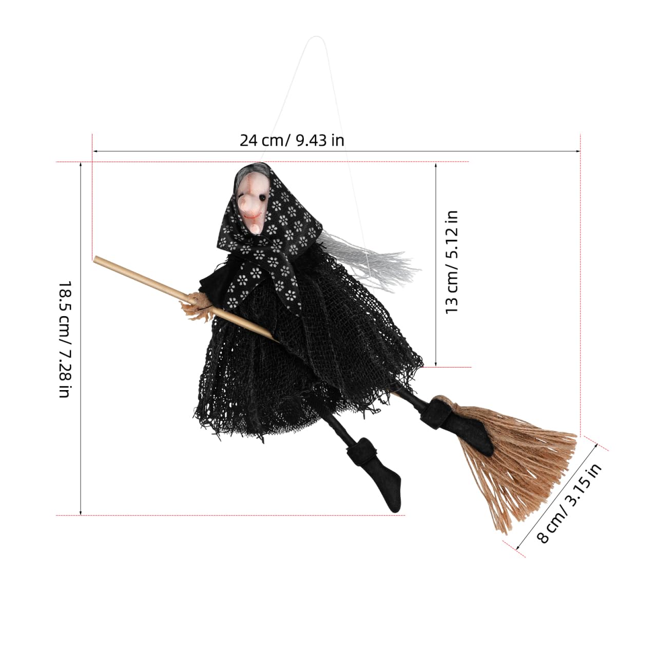 DIYEAH Halloween Witch Doll Decor with Broomstick for Indoor Outdoor Party Decoration, 9.44 Inch Grey Hanging Witch Figurine with Red Accents