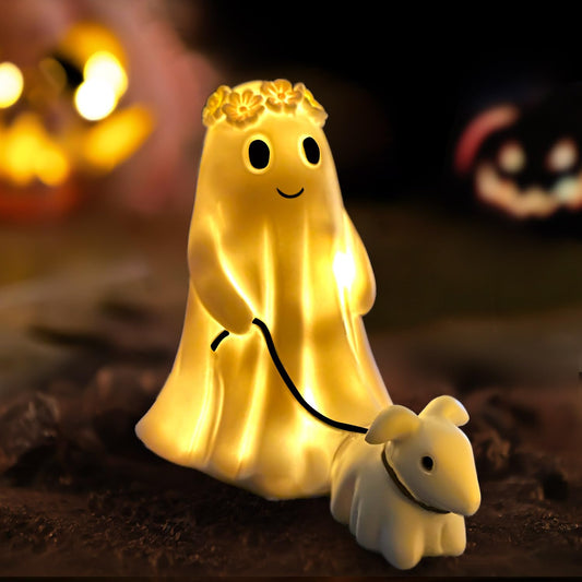 RWSEFK Display Statue Nightlight Ghost Walking Dog, Warm Lighted Indoor Figurine Lamps, Halloween Decors Spooky Dog Light, Cute Decorations for Party, Home, Bedroom, Shelf, Table Centerpiece (Girl)