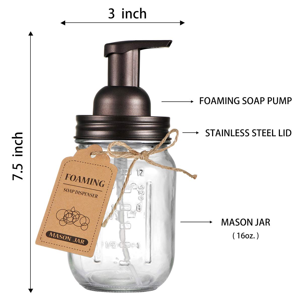 SheeChung Mason Jar Foaming Soap Dispenser-Rustproof Stainless Steel Lid & Foaming Soap Pump, Refill Foam Hand Soap Dispenser Glass for Bathroom Kitchen Vanities, Countertops-Bronze (2 pk)