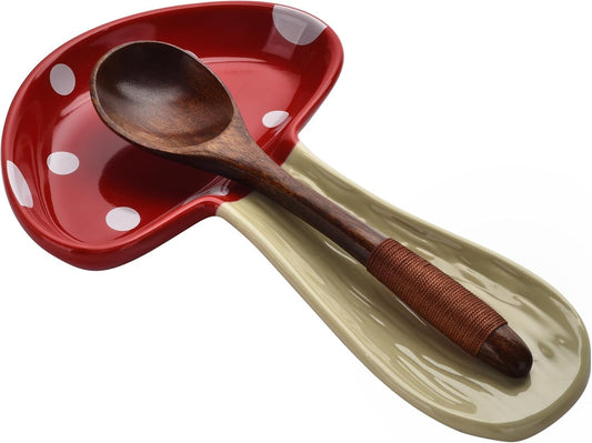Cute Mushroom Shape Spoon Holder for Kitchen Countertop,Large Ceramic Spoon Rest for Stove Top,Cooking Kitchen Spoon Rest Utensil Rest Spatula for Decor Housewarmings Christmas Gift (Red)