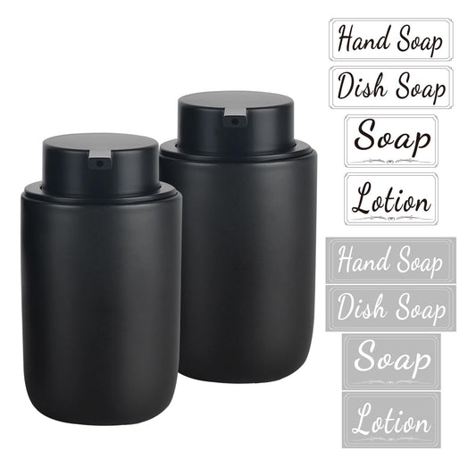 BosilunLife Black Soap Dispenser Set - 2 Pack 12oz Ceramic Dish Soap Dispenser with Rust Proof Pump for Kitchen, Hand Soap and Lotion Set Suitable for Farmhouse Bathroom Decor with Waterproof Labels