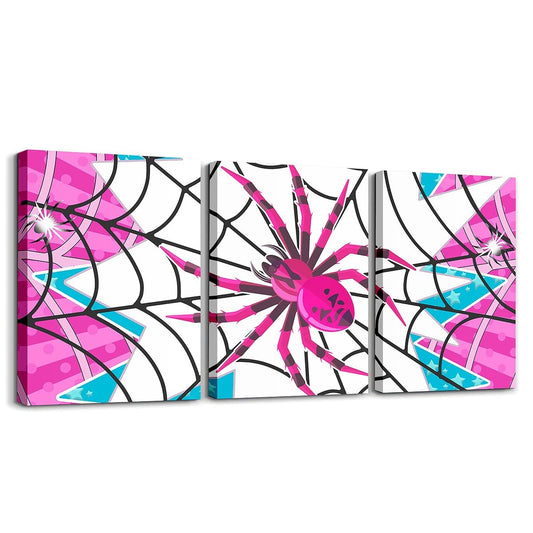 Pink Spider Canvas Wall Artwork Decor,Black Spider Web Halloween Gothic Trippy Girls Boys Bedroom Wall Painting,Stars Stripe Geometric Poster Pictures,Unique 3 Pieces Framed Canvas Wall Art