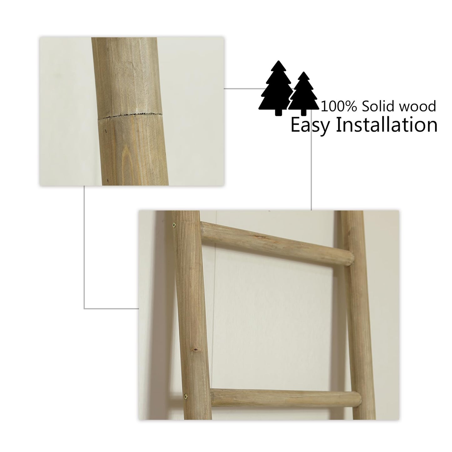 Wooden Blanket Ladder - 76in Natural & Motley Wood - Leaning Wall Decor for Bedroom, Bathroom, Living Room - Rustic Quilt Holder & Towel Rack (Brown, 76in | Pre Assembled)