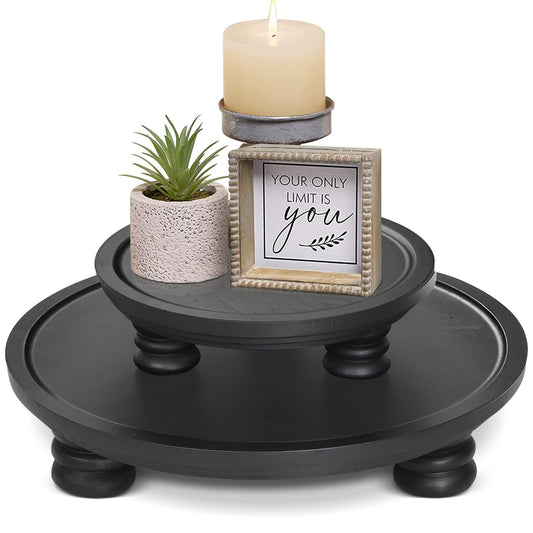 Uipame 2 Pcs Wooden Risers for Display, Round Wood Tray Decor, Farmhouse Pedestal Stand for Indoor, Rustic Decorative Display Stand for Kitchen Counter Decor, Decorative Cake Holder Plate