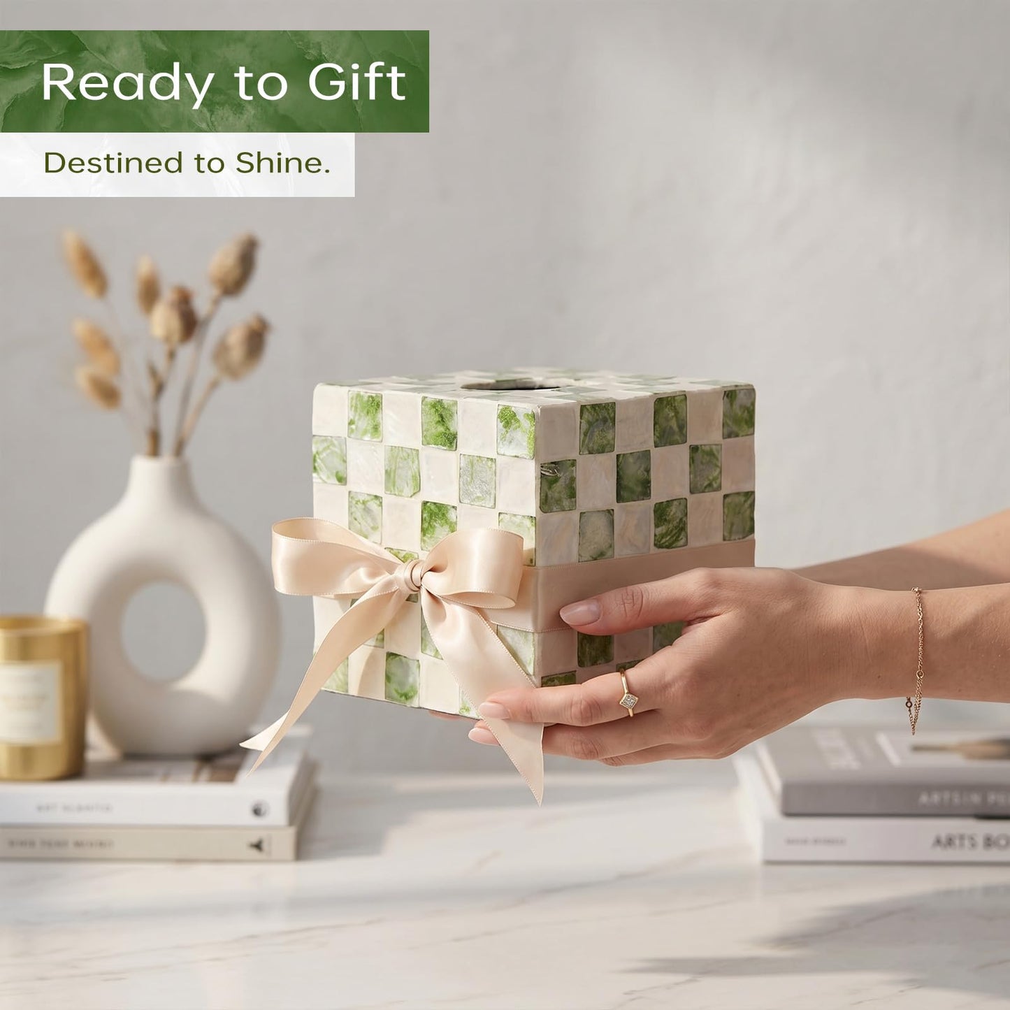 Coeusy Capiz Tissue Box Cover, Square Decorative Tissue Holder with Bottom Slider, Handmade Checkered Cube Tissue Box Cover for Bathroom Vanity,Office or Bedroom,Green
