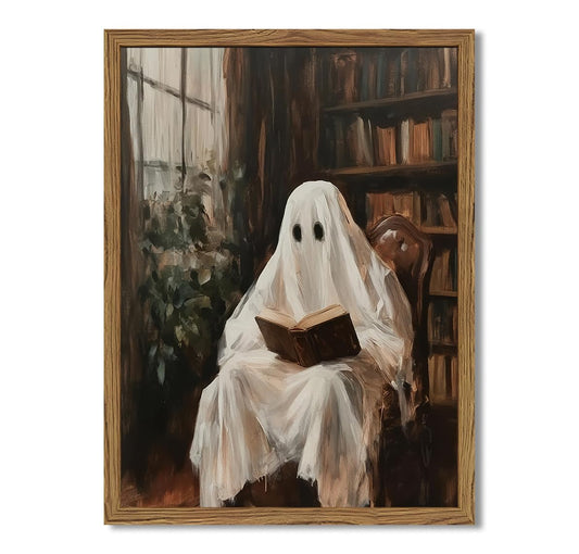 Framed Halloween Ghost Reading Book Canvas Wall Art, Vintage Dark Academia Horror Ghost Pictures Wall Decor Paintings, Gothic Moody Spooky Library Prints for Living Room Bedroom Office Dorm 16x24 inch