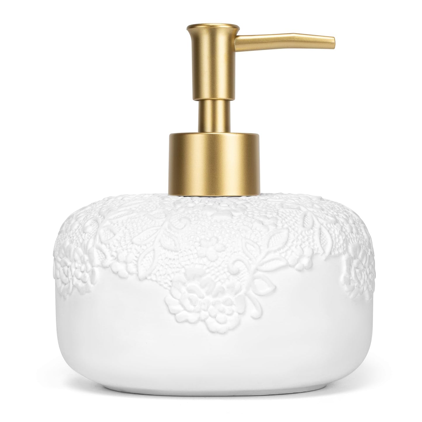 UHEY HOME Ceramic White Liquid Soap Dispenser with Embossed Design Look, Soap Dispenser with Rust-Proof Plastic Pump 13.5oz for Bathroom Kitchen