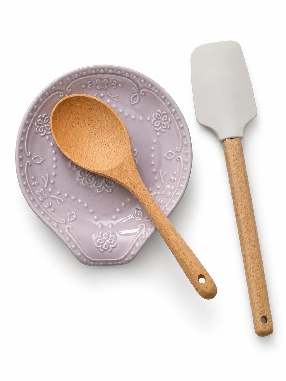 Lavender Purple Ceramic Spoon Rest for Kitchen Counter, 5.7" Floral Butterfly Embossed Spoon Holder for Stovetop, Dishwasher Safe Heat Resistant Utensil Rest, Farmhouse Kitchen Decor Gift