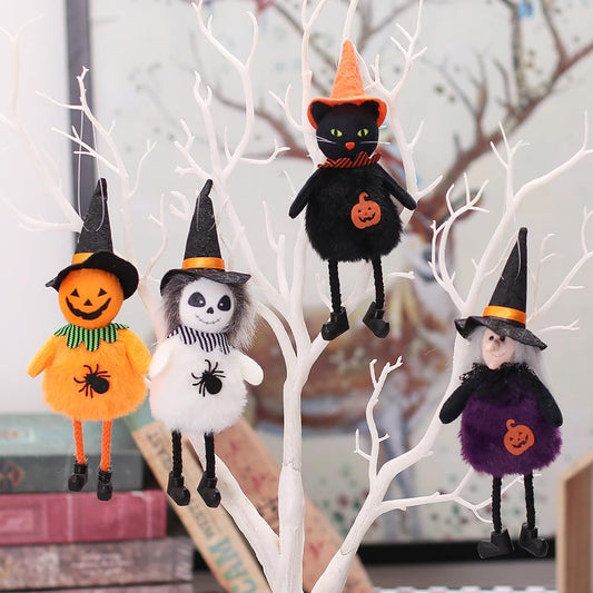Halloween Tree Decorations Set of 4PCs Witch Black Cat Pumpkin Ghost Plush Hanging Ornaments for Holiday Party Home Christmas Tree Decor